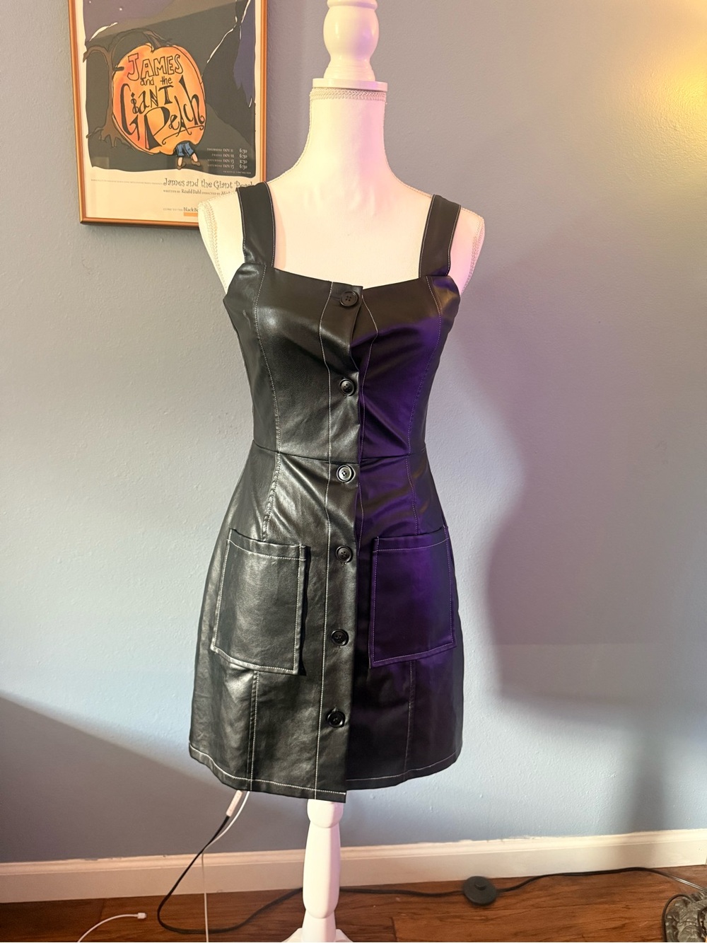 Reclaimed Vintage Black Faux Leather Dress with Button Front